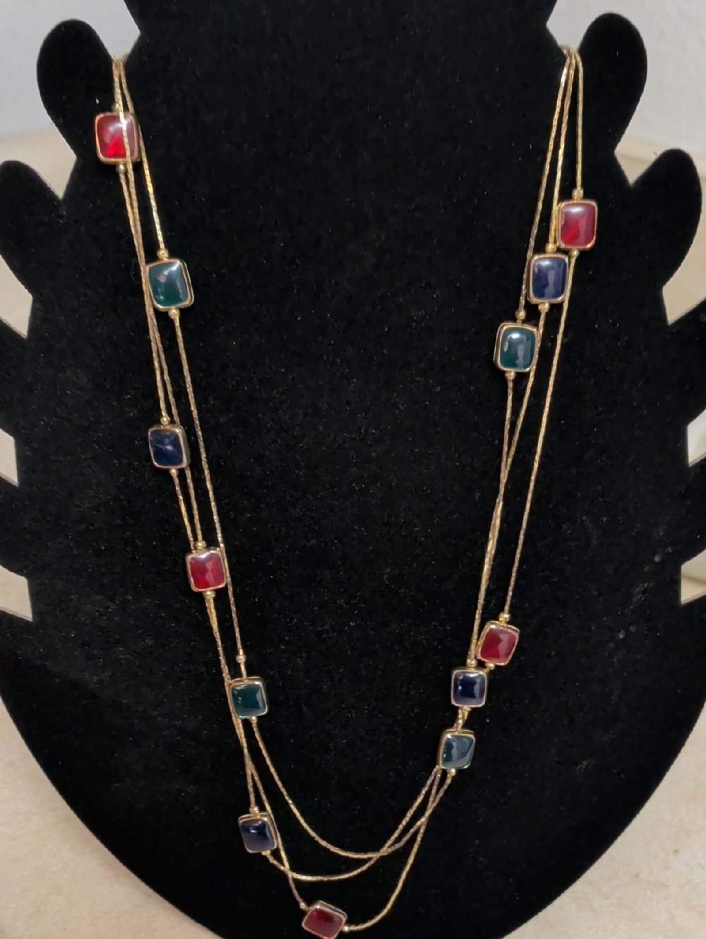 Gold Multi-Stone Long Necklace‎ - Red, Blue & Green